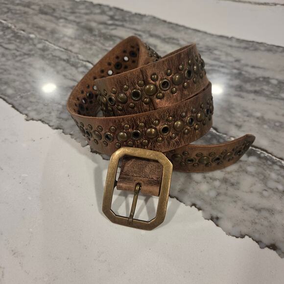 Studded Leather Belt M Brown Copper Metallic Western Boho Festival Cowgirl